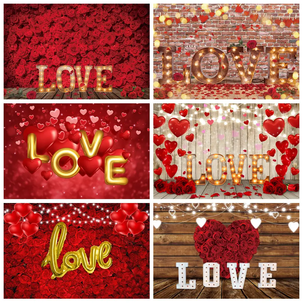 

Valentine's Day Photography Backdrop Rose Flower Love Heart Lights Balloons Wedding Portrait Background Decor Photo Studio Prop