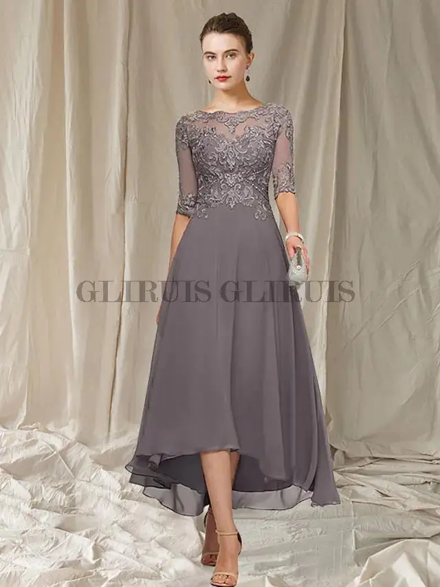 A-Line Mother of the Bride Dress Jewel Neck Asymmetrical Ankle Length Chiffon Lace Half Sleeve with Pleats Appliques