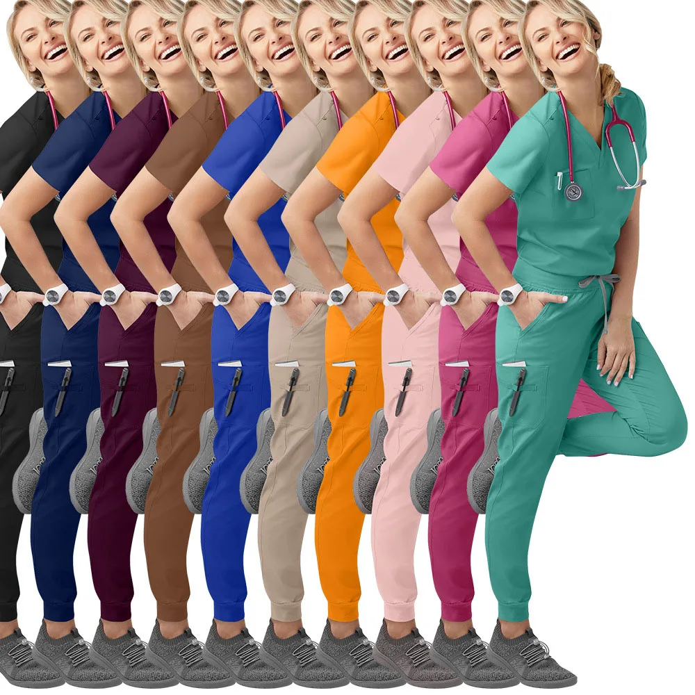 Tuta da jogging multicolore alla moda, uniforme da infermiera del medico, top con scollo a v a maniche corte, pantaloni tascabili, tuta smerigliata