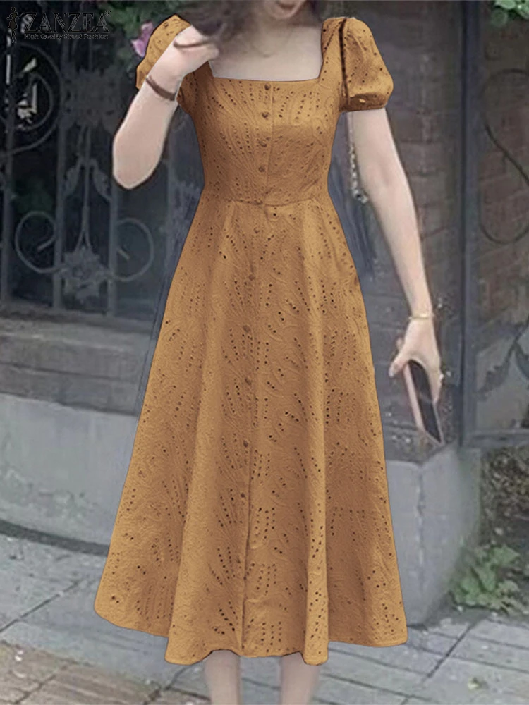 

ZANZEA 2025 Summer Women Long Vestidos Puff Short Sleeve Lace Sundress Casual Square Collar Solid Party Robe Elegant Lady Dress