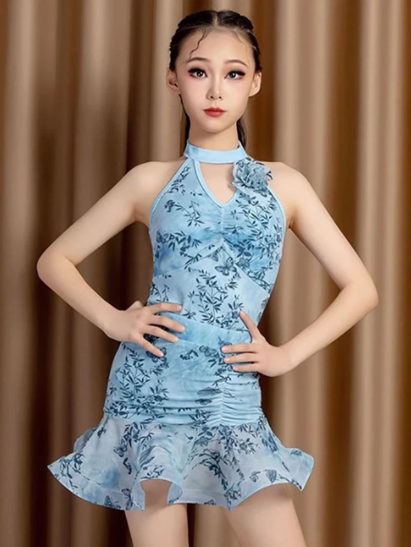 

Детский костюм для латиноамериканских танцев для девочек: комбинезон без рукавов с лямкой через шею и пышная юбка-клеш для бальных танцев, тренировок и соревнований