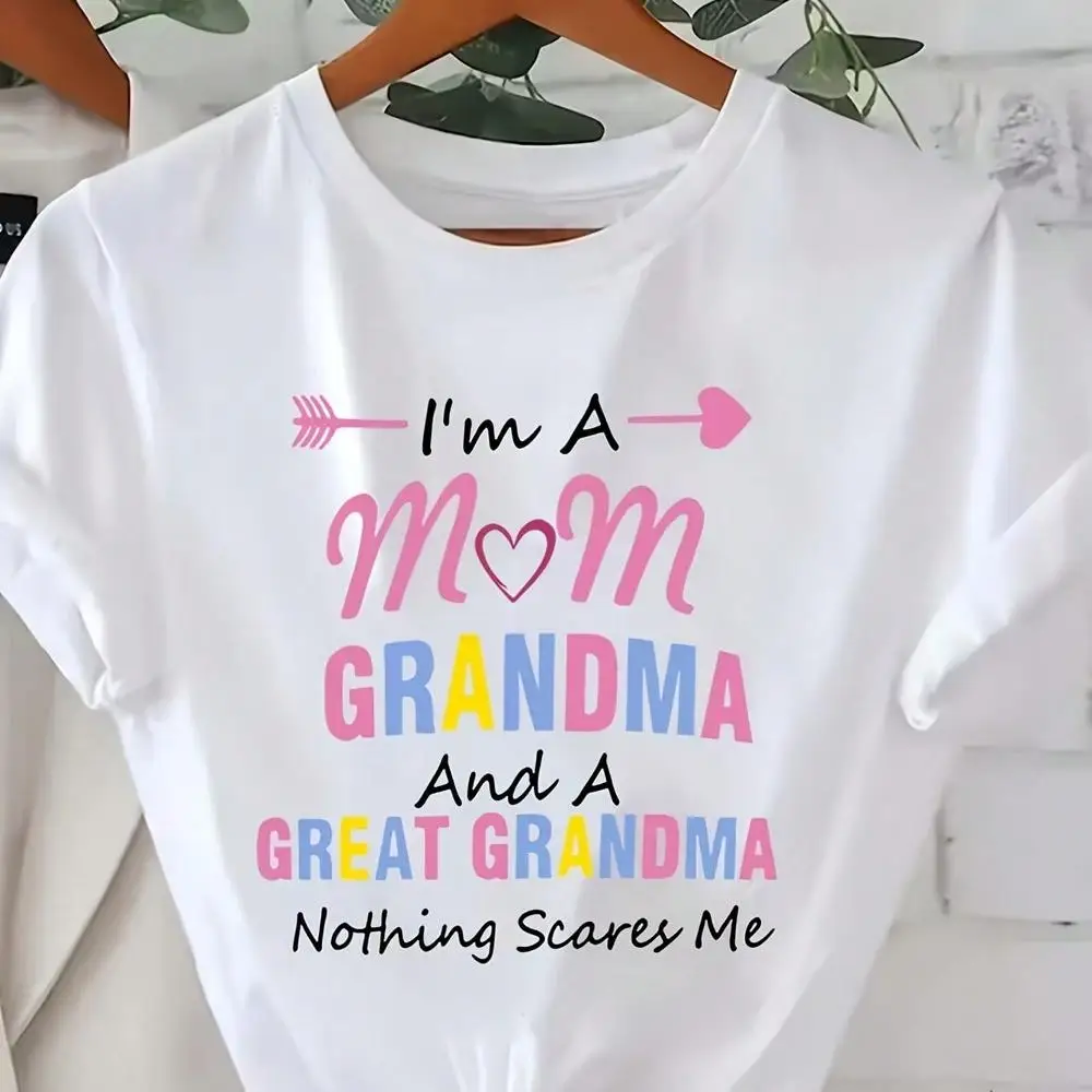 Plus Size Women s I m A Mom, Grandma, Great Grandma Print T-Shirt - Relaxed Fit Crew Neck Short Sleeve Top, Soft Round Neck Short Sleeve Shirt, S