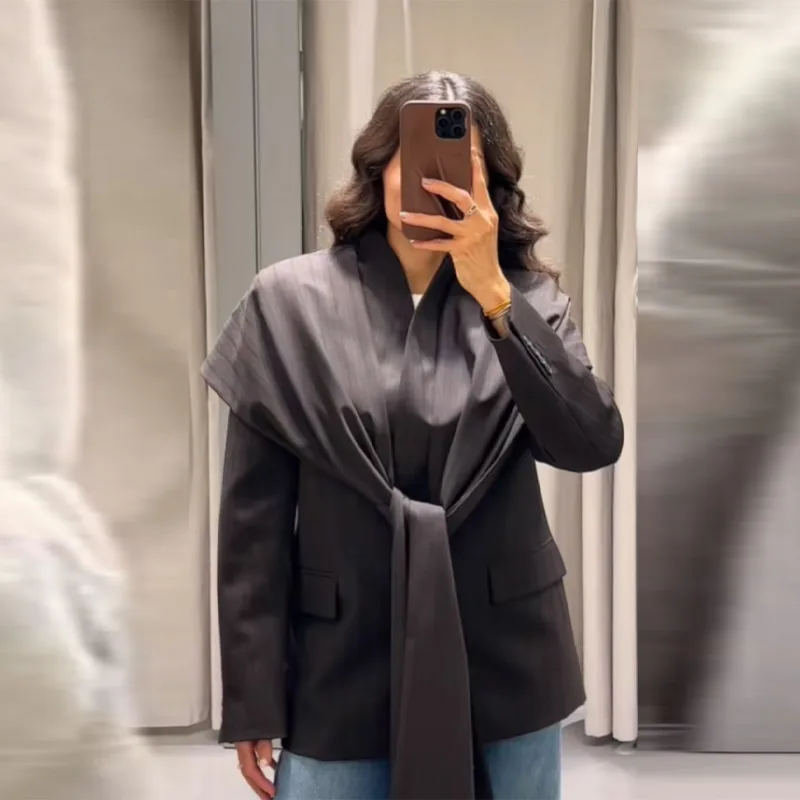 

Elegant Chic Blazer Pinstripe Knot-waist Lady Jackets Dinner Dates Elegant Female Formal Glam Wear Sophisticated Night Outfit