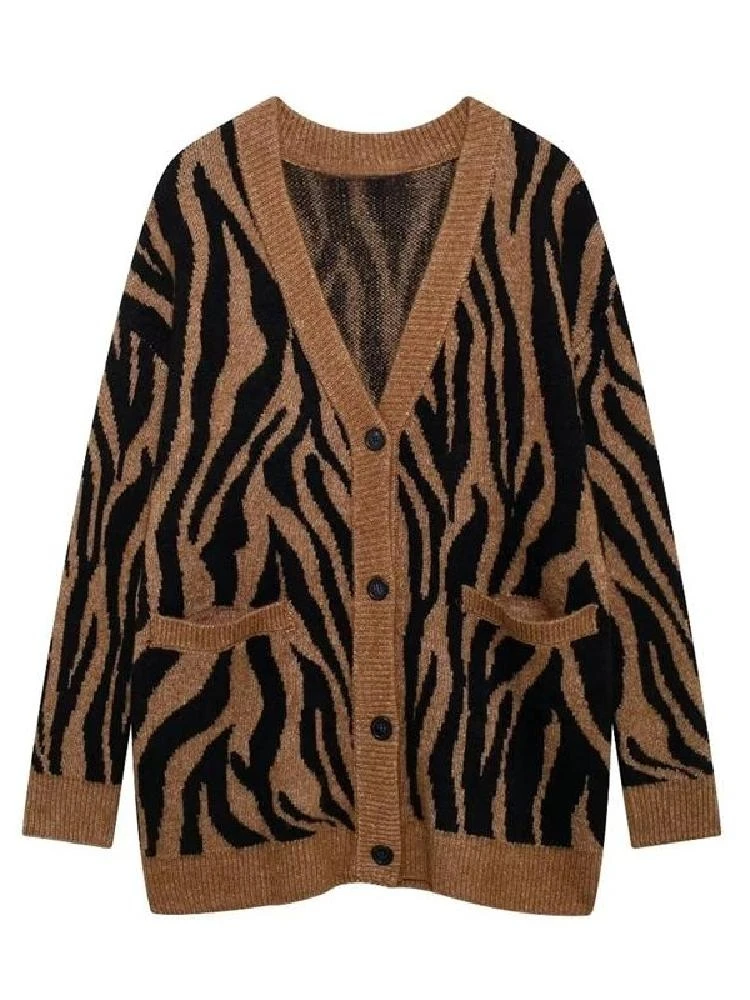 Autumn Winter New Sle Women's Wild Faion Animal Print V-ne Long Sve Knitted Knitwear Jaet Simple Commute Sle