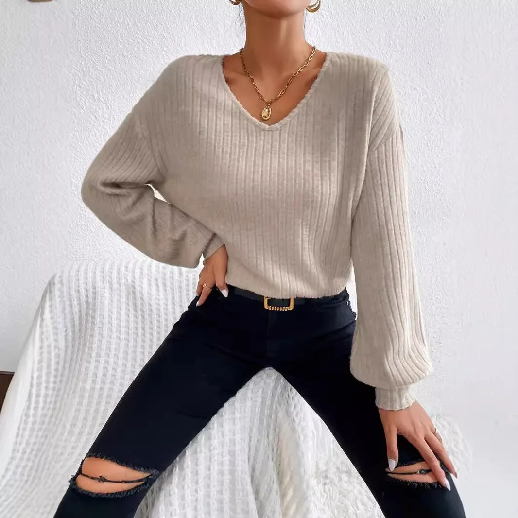 

Women's V-neck dropped shoulder casual long-sleeved T-shirt