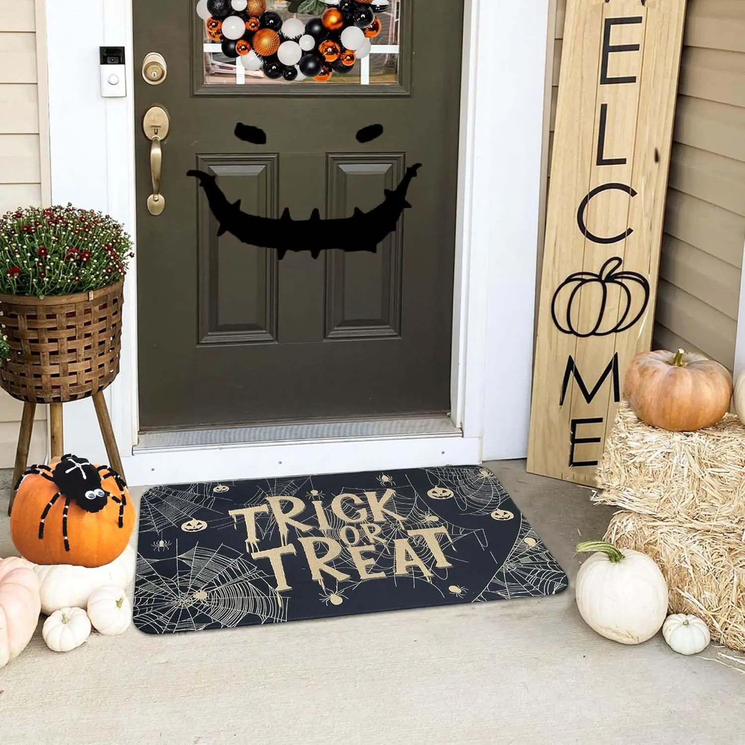 Halloween Trick or Treat Door Mat with Pumpkin Spider Web Design Kitchen Hallway Balcony Rugs Bathroom Non-slip Door Mat