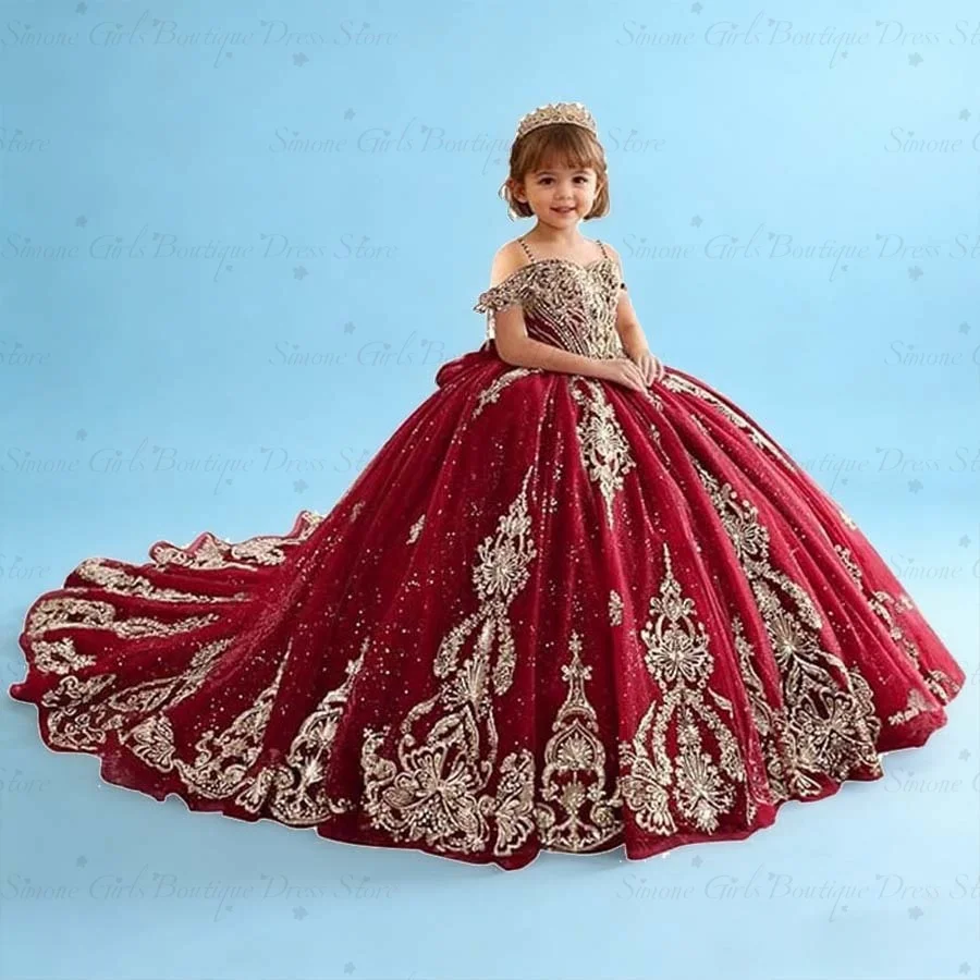 Customized Red Lace Appliques Flower Girl Dresses for Wedding With Train Bow Floor Length Birthday Party First Communion Gowns