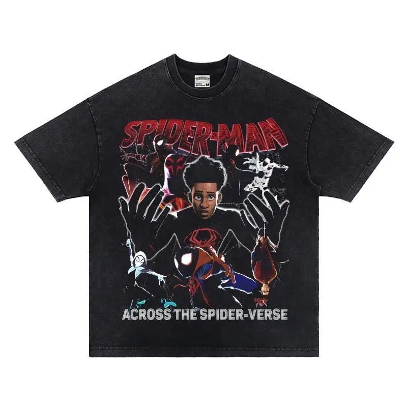 Vintage Washed T-shirt Marvel Spider-Man Printed Mens Woman Short Sleeve Summer Trend Cotton Casual Oversized Tops Hip Hop Tees