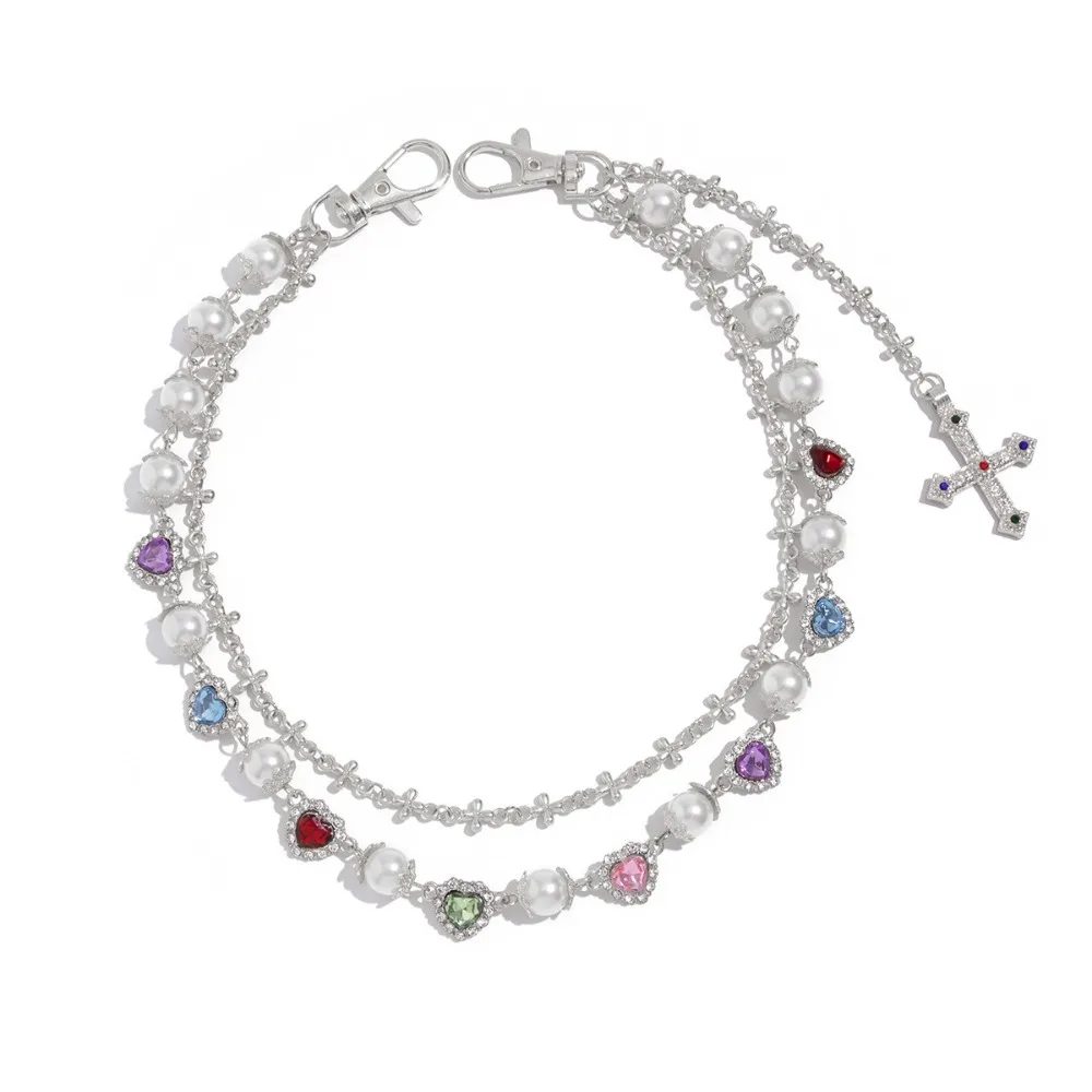 

Double Layer Design Punk Rhinestone Keychain Alloy Material Colorful Rhinestone Love Heart Belt Chain Wallet Chain Luxury Style