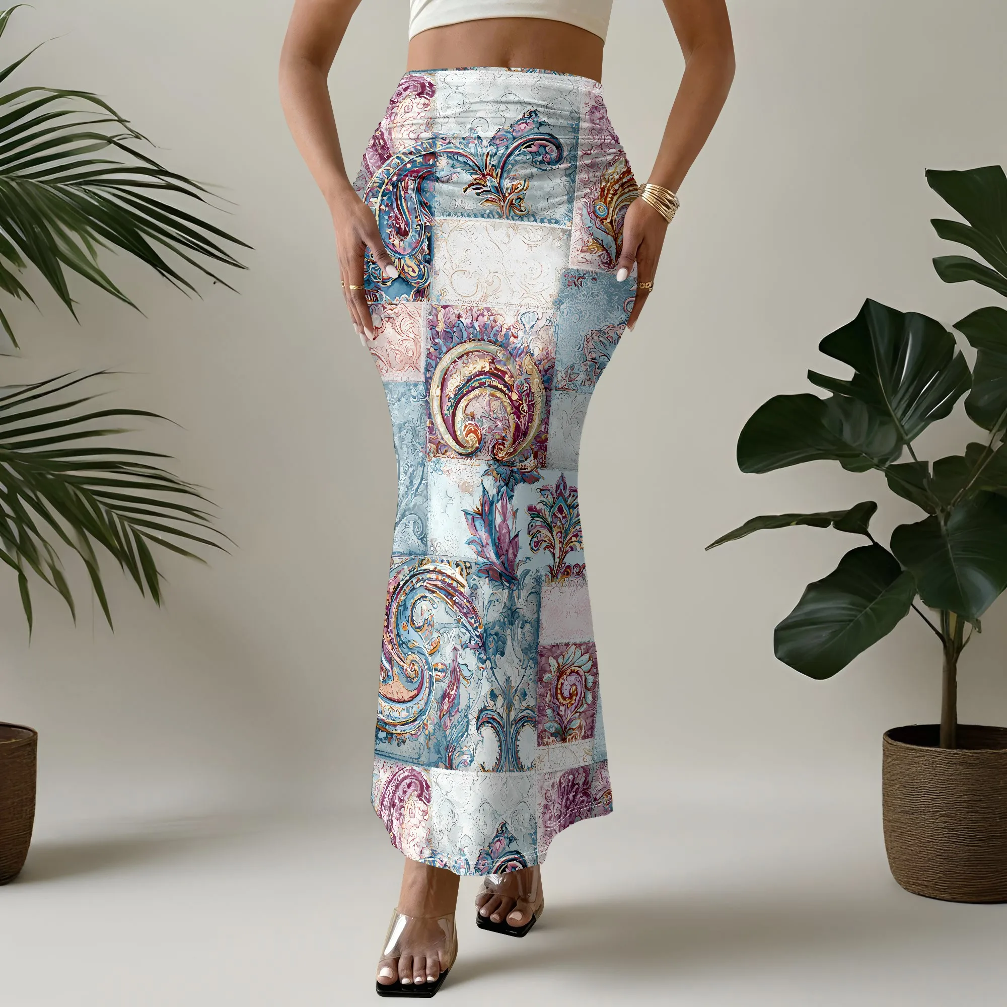 Paisley Print Skirt, Vintage Patchwork Mermaid Skirt, Boho Long Skirt, Summer Beach Wear, S-2XL