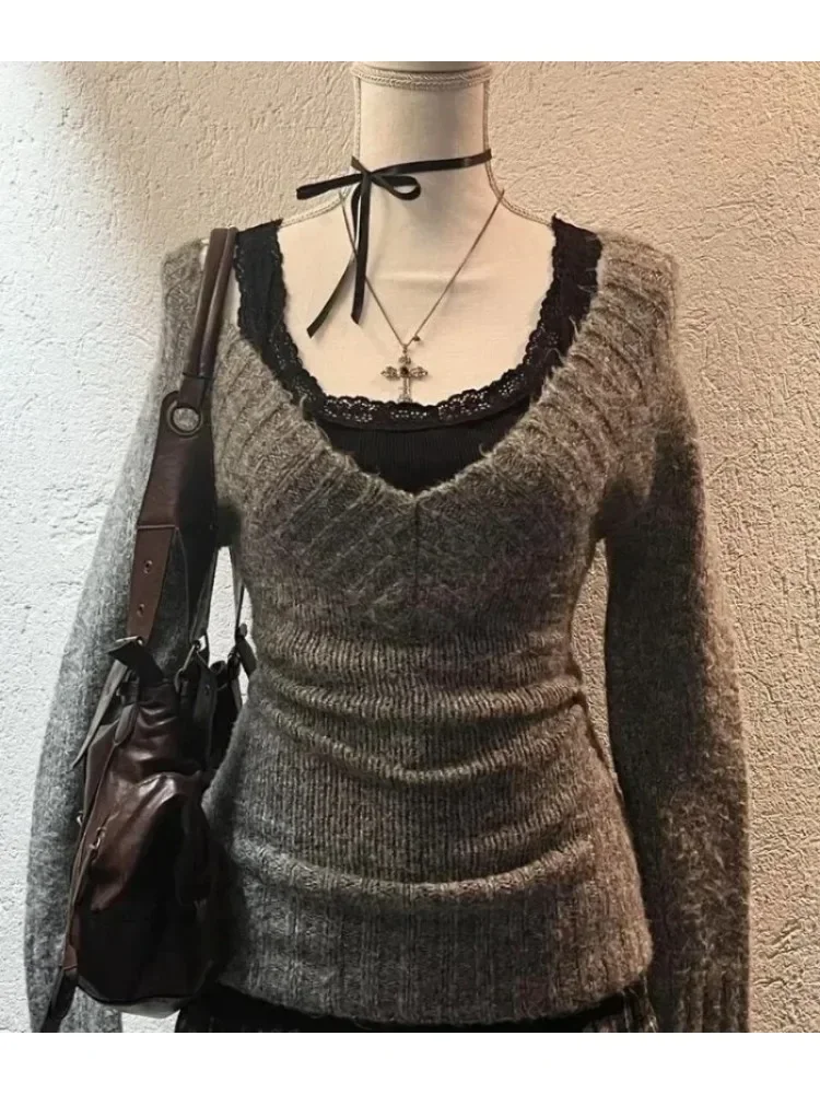 Moda Vintage V-neck dzianinowe topy damskie 2024 wczesna jesień nowe swetry Mujer Y2k Grunge Slim Fit swetry z długim rękawem