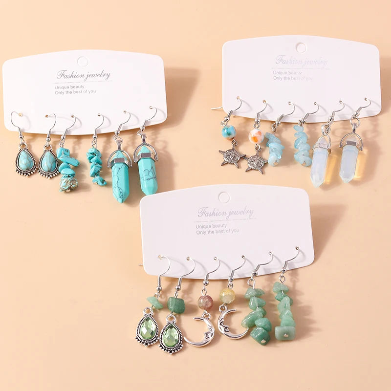 Frauen Ohrringe Sets Vintage Silber Überzogene Türkis Stein Tropfen Ohrring Böhmen Hexagonol Wasser Baumeln Ohrringe Schmuck Geschenke – Detail 1