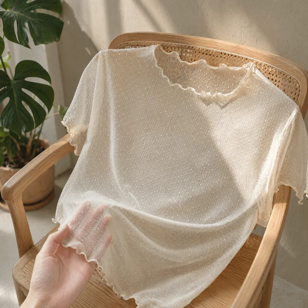Elegant Polyester Lantern Mesh Inner Top Hollow Out Breathable Sheer Short Sleeve Tee Elastic Cropped Mesh Blouse Women