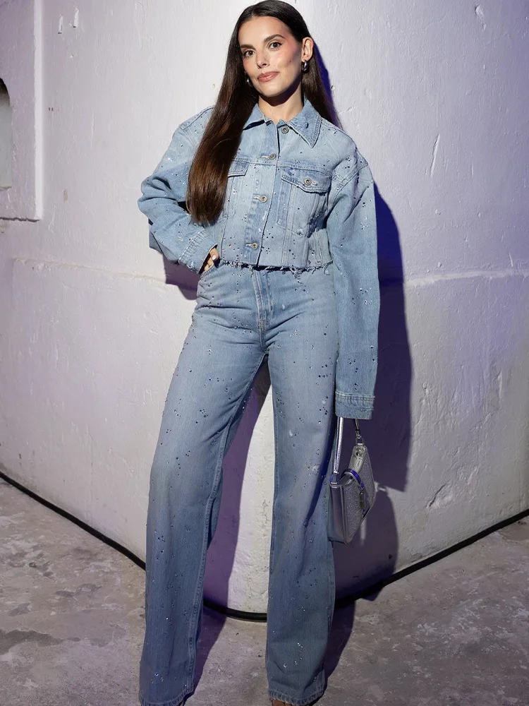 Damskie koszule z długim rękawem, zapinane na guziki, ze stójką, wiązane, luźne + spodnie z szerokimi nogawkami, z elastyczną talią i kieszeniami, jesienne, jednolite, 2 sztuki