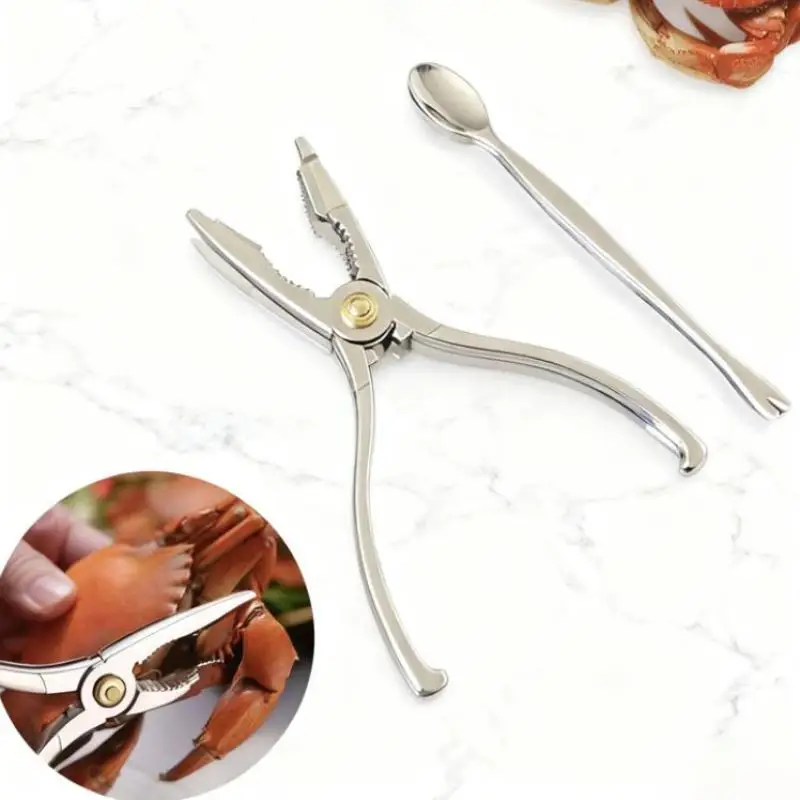 Zinc Alloy Lobster Crab Cracker Set 2 Pcs with Small Spoon Non Slip Handle for Family Holiday Seafood Dinner