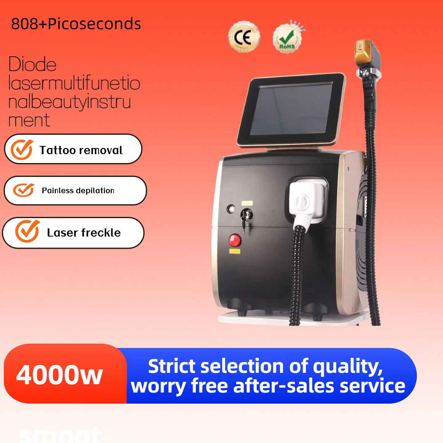 เครื่องกำจัดขนด้วยเลเซอร์ไดโอด ND:YAG รุ่นล่าสุด - ความยาวคลื่นสามระดับ, กำลังไฟ 3000 วัตต์, ไม่เจ็บและถาวร 808nm+1064nm+755nm