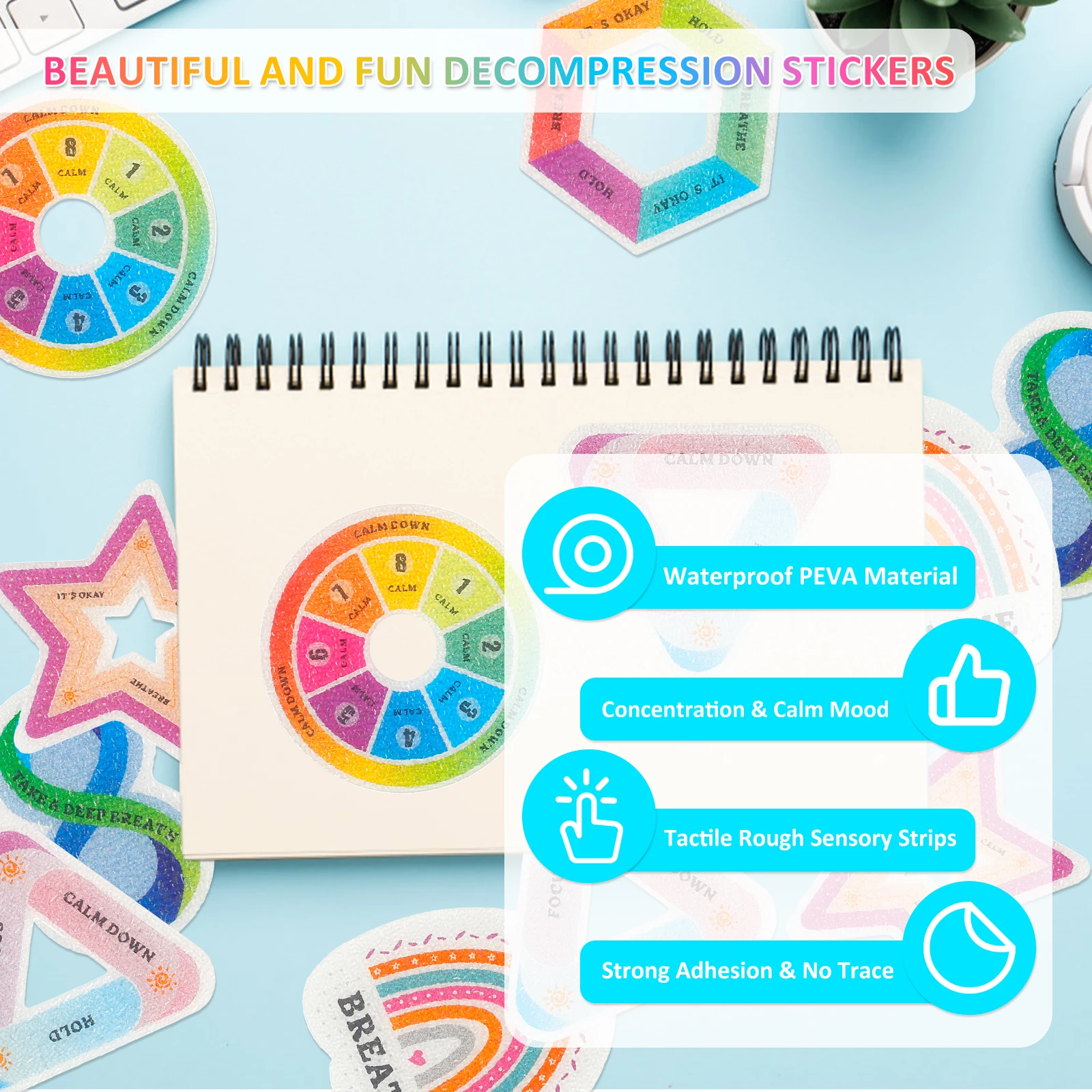 24/48Pcs Calm Stickers Set 6 Styles Tactile Rough Cute Strong Adhesive Backing Anti-Stress Reusable Sensory  Calming Stickers