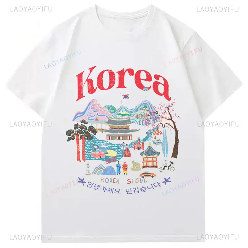 Seoul Lovely Travel Card Design Sights and Attractions of South Korea Tshirt Korean Korea Flag Souvenir Cotton Unisex T-Shirt