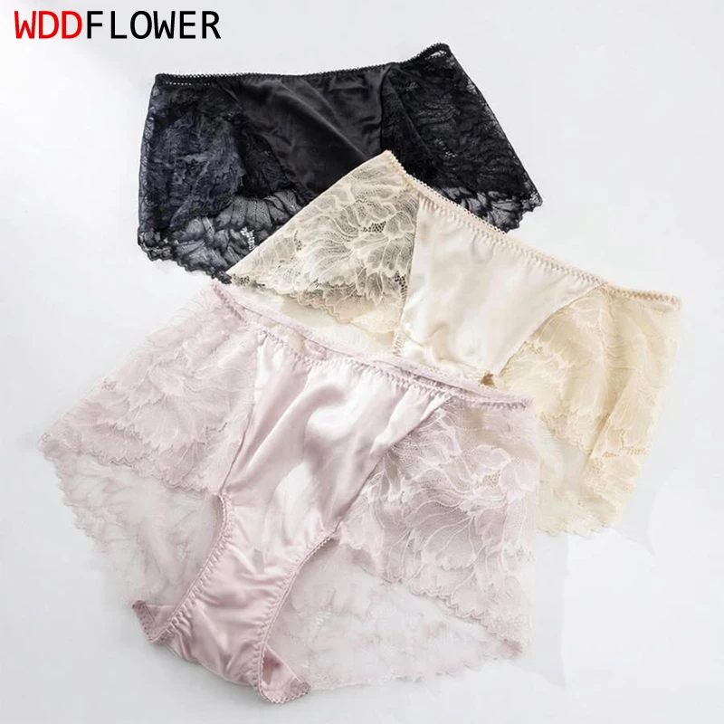 

3 PCS/Lot Women Silk Briefs Natural Mulberry Silk Sexy Lace Middle Rise Panties Underwear Lingerie Comfortable Panties TB015