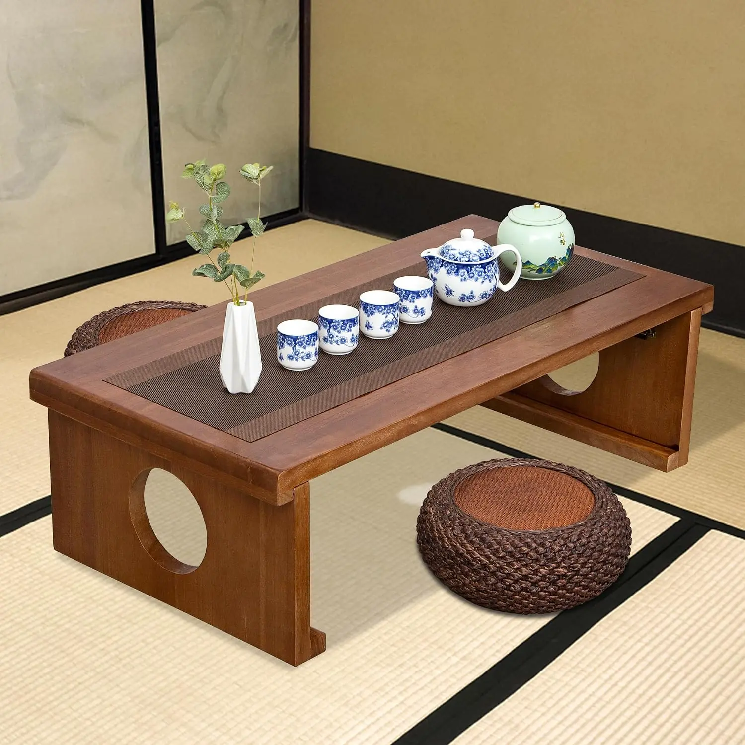 Foldable Japanese Coffee Table Low Floor Sitting Desk Minimalist Wood Tatami Dining Surface Living Room Natural Brown