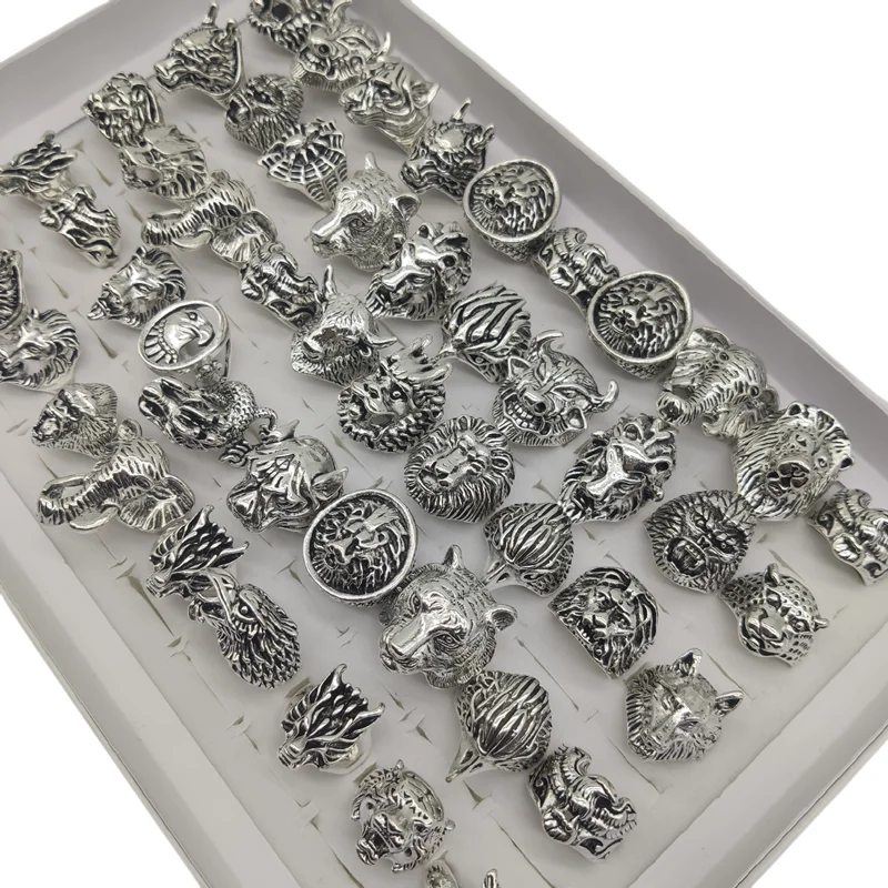 30pcs/Lot Wholesale Animal Finger Rings For Men Big Lion Elephant Alloy Weight Antique Male Rock Ring Leopard Spider Party Bar