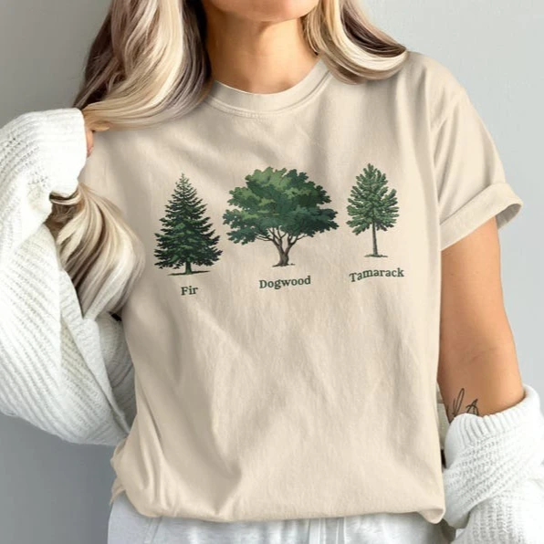 Футболка с ботанической иллюстрацией, натуральные виды деревьев, ель, собачья дерева, Тамарак, мягкая хлопковая футболка с графическим принтом, подарок для любителей природы Футболка с ботанической иллюстрацией, натуральные виды деревьев, ель, собачья дерева, Тамарак, мягкая хлопковая футболка с графическим принтом, подарок для любителей природы