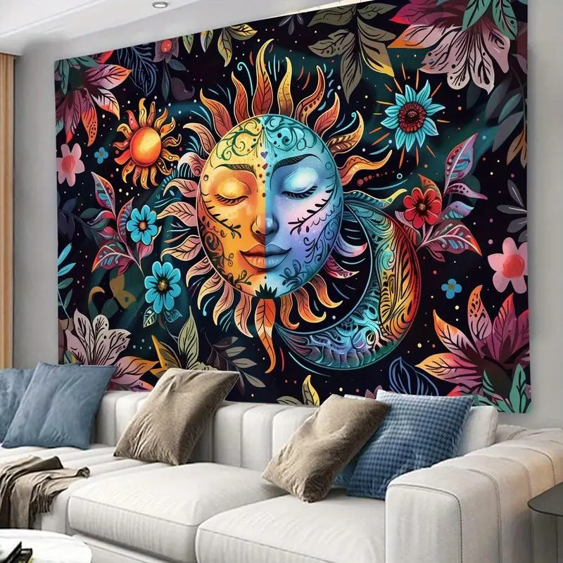 VIKAMA Colorful Sun Moon Face Tapestry Floral Boho Hippie Psychedelic Wall Hanging Indie Dorm Room Art Decor Backdrop