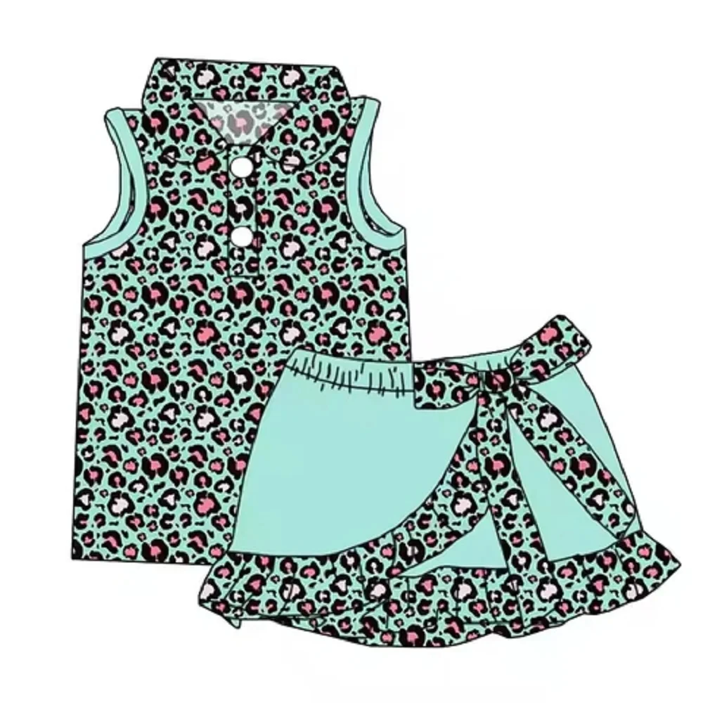 

Children's clothing wholesale girls clothes three piece suit sleeveless lapel short skirt boutique girls suit leopard print