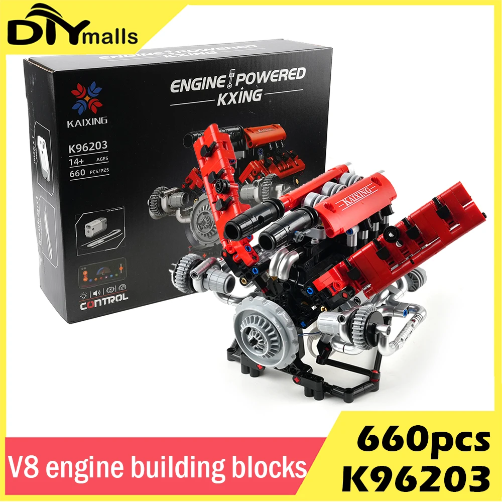 K96203 Technical The Motorzed V8 APP Programmable Car Part Building Block Engine Model Set LED Light Assembly Brick Toys 660PCS
