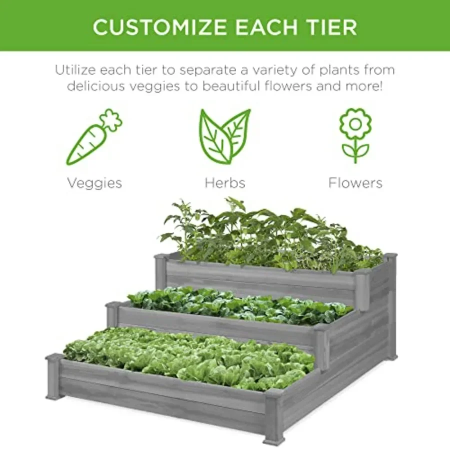 3-Tier Fir Wood Raised Garden Bed Planter Kit for Outdoor Gardening Gray, Natural Wood, Stackable Flat Arrangement, Easy Assemb