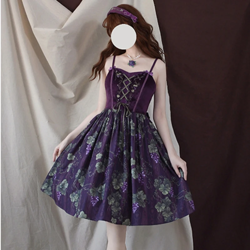 Victorian Gothic Lolita Jsk Dress Vintage Elegant Women Christmas Purple Grape Print Princess Dresses Girls Kawaii Cute Vestidos