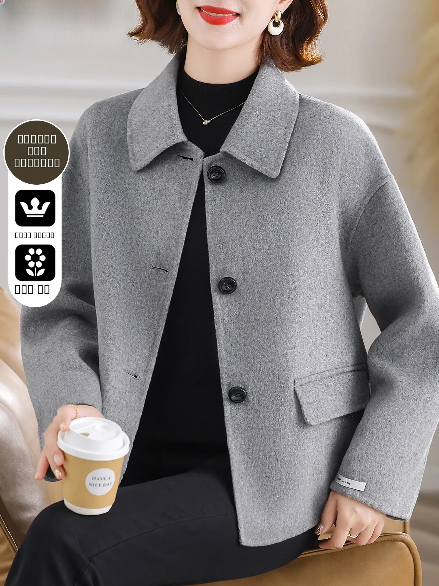 

Faionable Mom Autumn Winter ort Double-Faced Woolen Coat Warm Loose Fit Women's Outerwear for Middle-Aged And ly