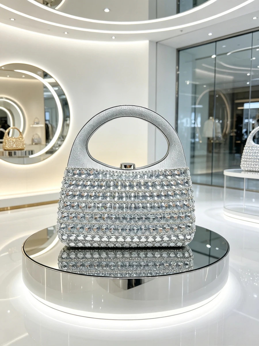 Silver Multi-Layer Horizontal Rhinestone Ring Handle Clutch Women Fashion Runway Cocktail Evening Bag Designer Luxury Bags Woman