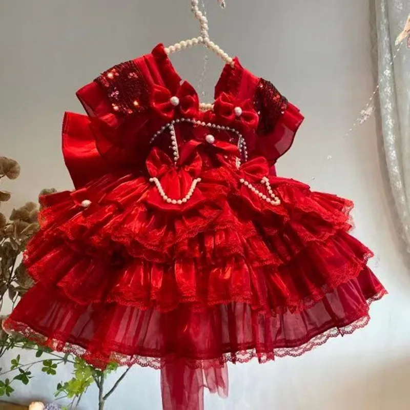 

Handmade Kids Boutique Dress Halloween Girls' Red New Year's Clothes Flower Girls Wedding Bling Bling Sequin Christmas Dress