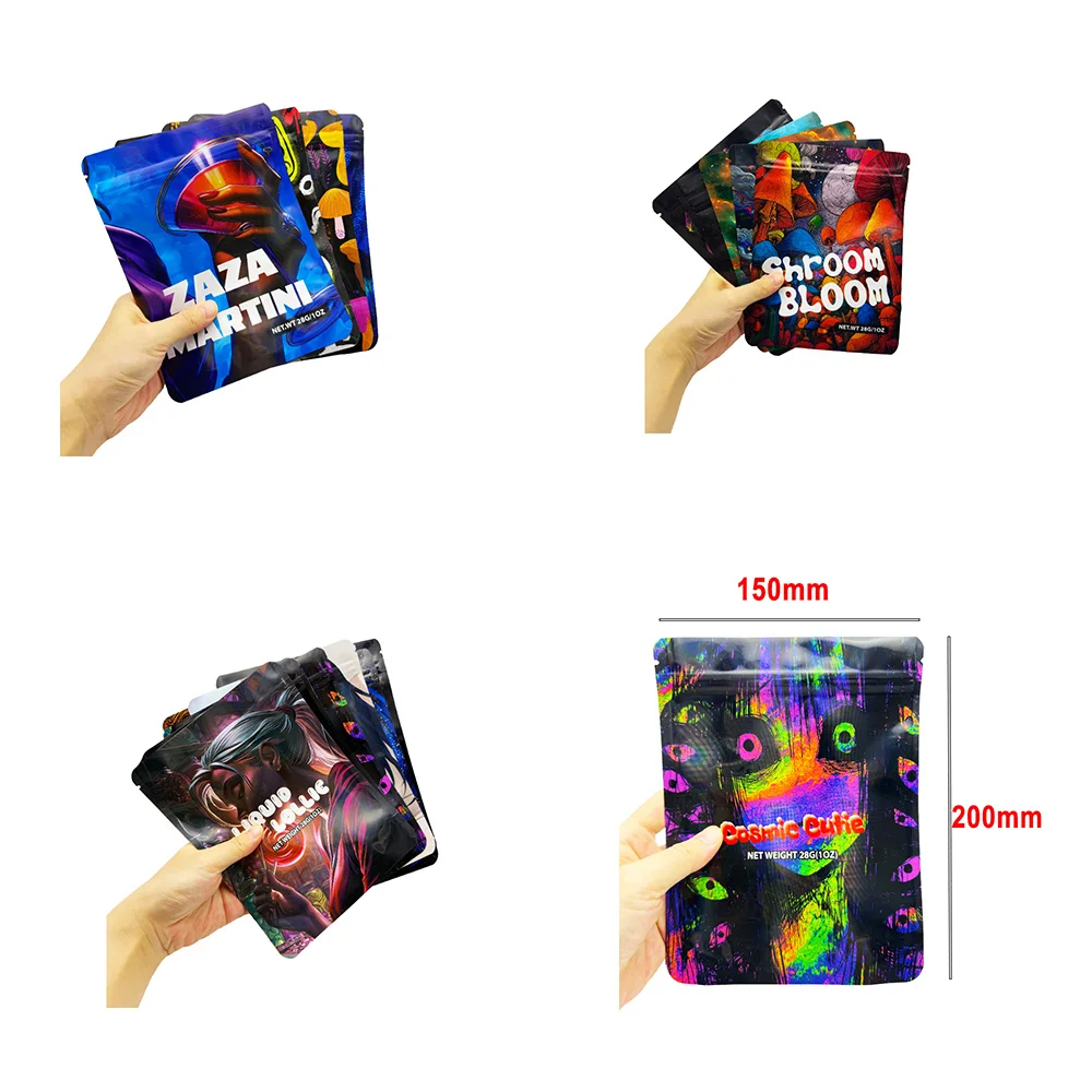 50PCS Designs 28G Mylar Bag Plastic Package Pouches Soft Touch Smell Proof Special Holographic Gift Packaging Accept OEM