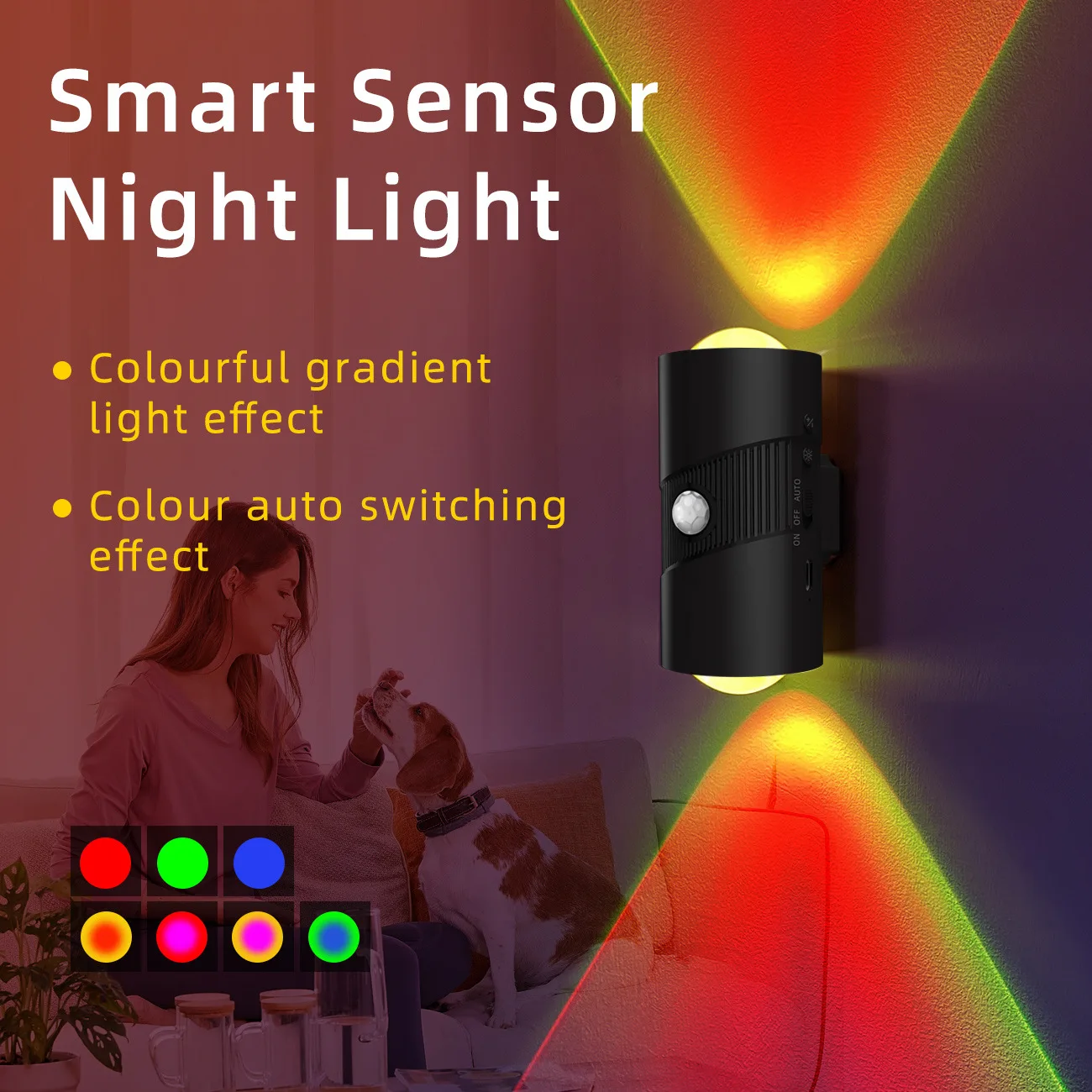 ضوء ليلي ذكي بمستشعر حركة بشري RGB، مصباح حائط مغناطيسي قابل لإعادة الشحن عبر USB ملون متدرج لغرفة النوم والممر #5