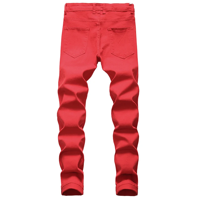 Men\'s Red White Black Color Fashion Jeans Slim Stretch Pencil Denim Pants Hole Casual Classic Trousers Versatile Brand Big Size