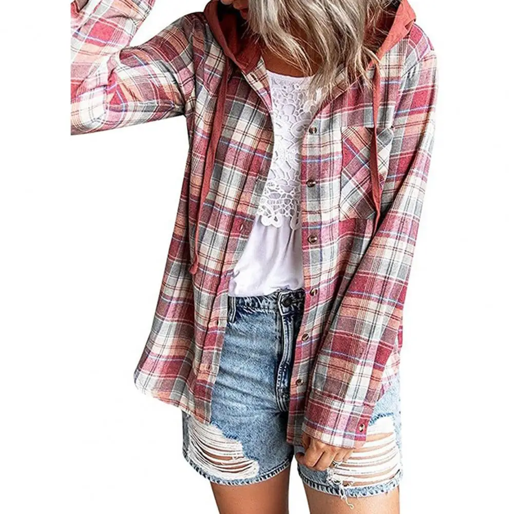 Women\'s Shirt Plaid Single-breasted Hooded Pocket Spring All Match Streetwear Fashion Autumn Soft Long Sleeve for Daily Wear