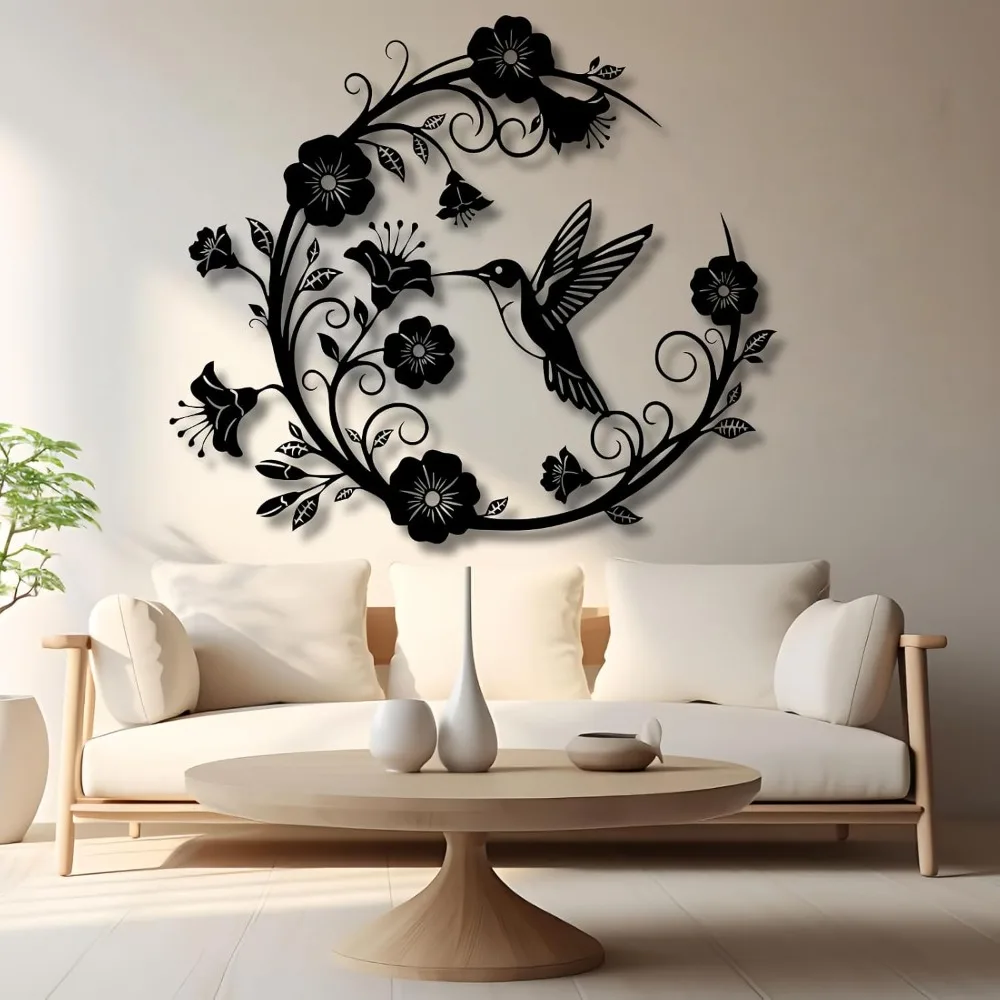 Metal Hummingbird Flower Wreath Wall Art,Elegant Floral Nature Decor for Living Room, Bedroom, (black, 30