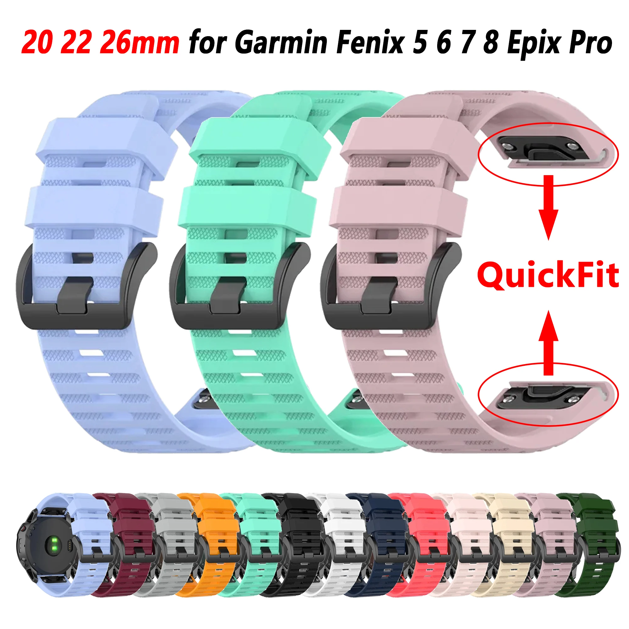 QuickFit 20mm 22mm 26mm Silicone Watch Strap For Garmin Fenix 6S Pro 6 6X 7S 7 7X 5X Plus Fenix 8 Epix Gen2 Pro Sport Wristband