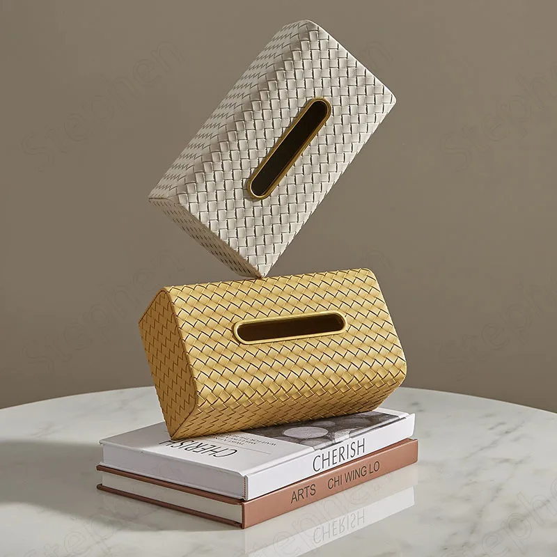 Creativity Woven Leather Tissue Boxes Nordic Simple Solid Color Golden Stroke Napkin Holder Household Desktop Paper Towel Box