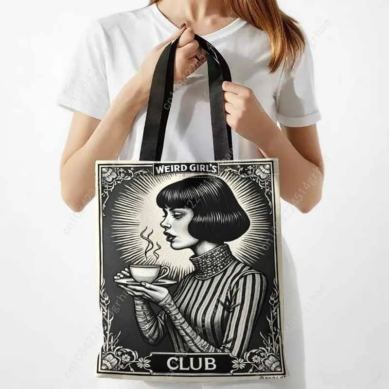 Torba na ramię Weird Club o dużej pojemności, wielokrotnego użytku, z artystycznym czarno-białym wzorem, wytrzymała torba na zakupy i do przechowywania z wytrzymałego materiału.