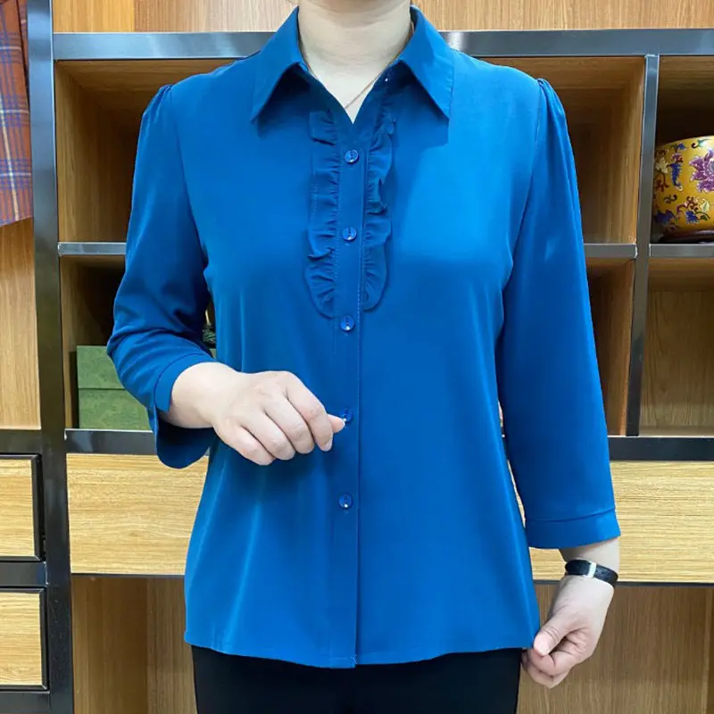 Office Lady Stylish Folds Spliced Shirt 2023 Spring Autumn All-match Solid Color Commute Single-breasted Female Polo-Neck Blouse