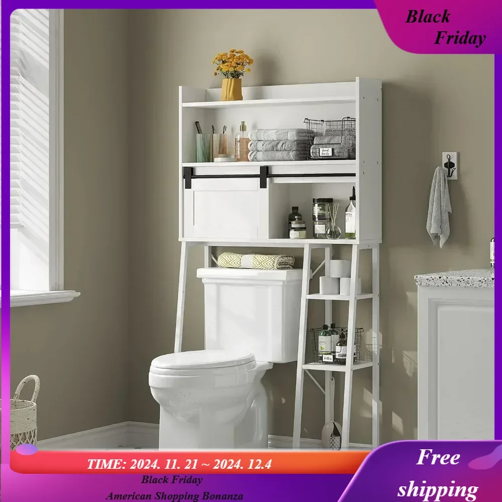 

Over The Toilet Storage Cabinet with Toilet Paper Holder Stand, Mass-Storage Over Toilet Bathroom Organizer with Sliding Door