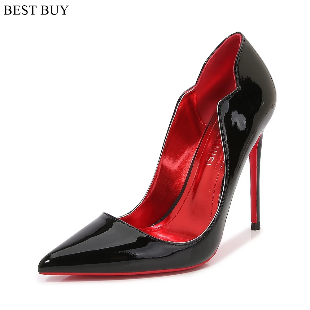 

Newly Women Sexy Elegant Pumps Stilettos Glossy Patent Side V Cut High Heels Pointed Toe Party Curl Cut Celebrity Shoes Size 46