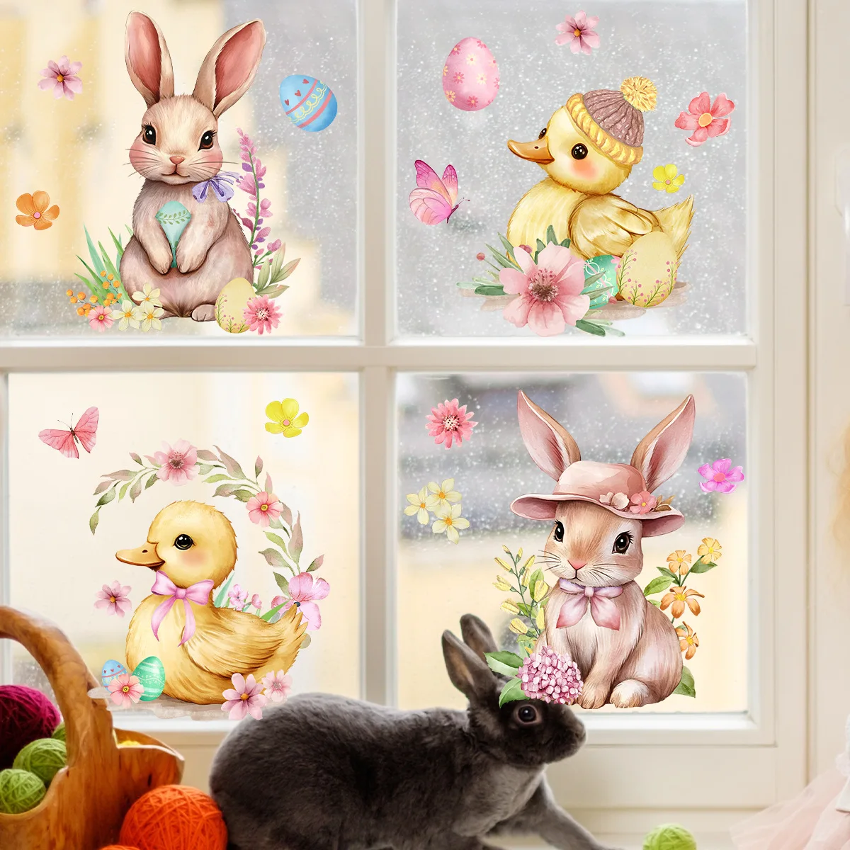 6Pcs/Set Creative Easter Window Stickers Electrostatic Removable Double Side Rabbit Duck Butterflies Eggs Decal Party Home Decor