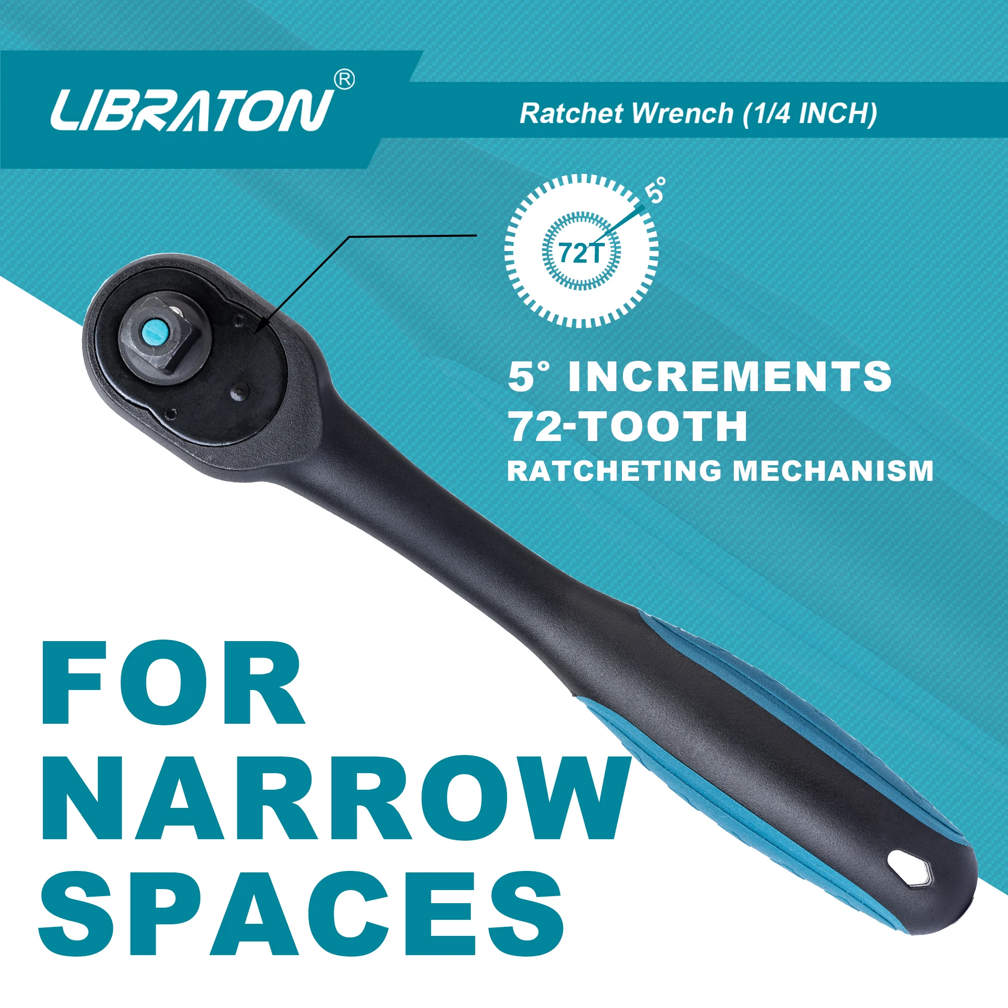 Libraton 1/4 Inch Ratchet 1-Pack, Ratchet Handle with Teardrop Head, Quick-Release Ratchet with Comfort Grip