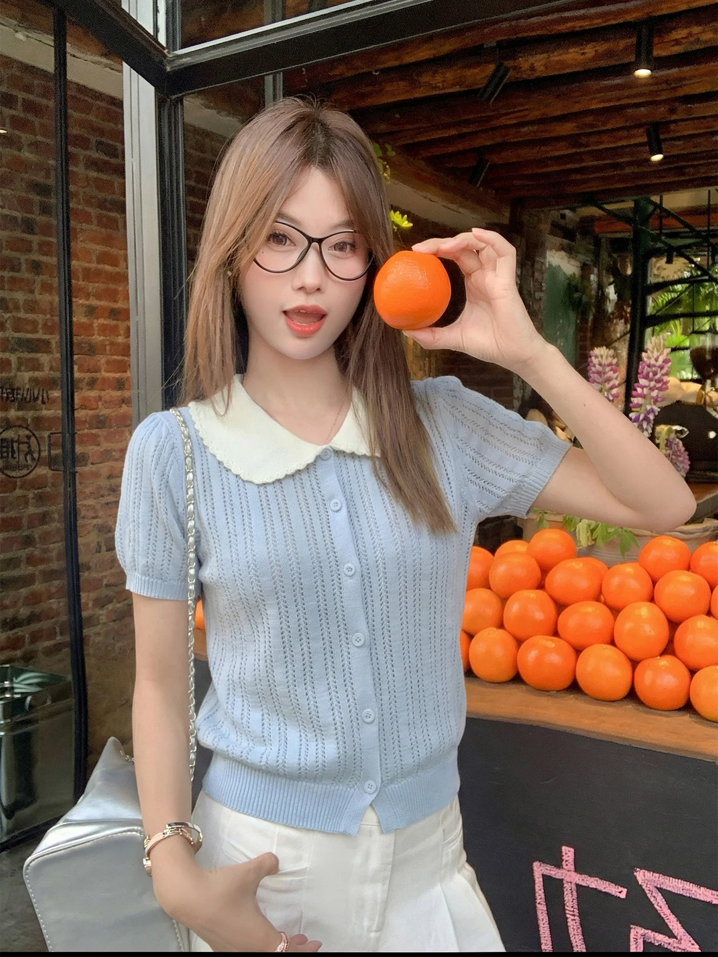 

Zeng Xiao Salt Korean Sweet Doll Collar Color Block Knitted Short Sleeve Women's Spring New Casual Versatile Temperament Top
