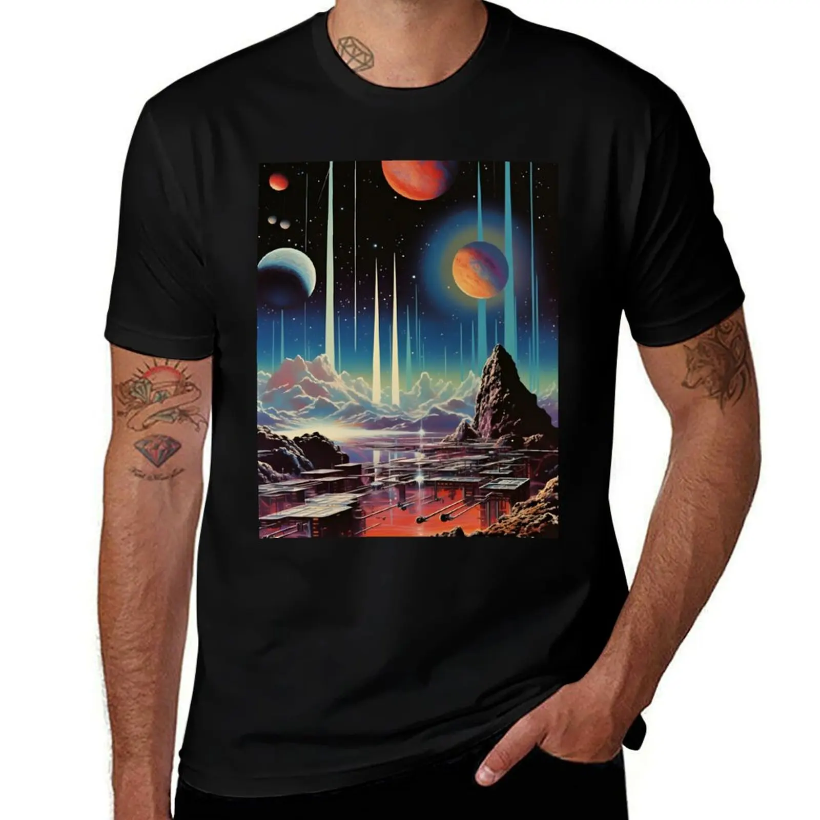 

Space Landscape of Futuristic City, Mountains, Planets and Shining Stars T-Shirt man t shirt summer T-Shirt