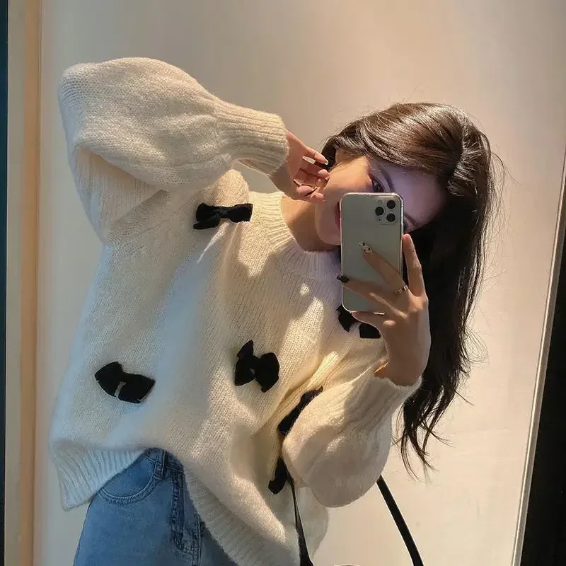 Ezgaga Sweet Sweater Pullover Women Autumn Winter Loose Bow Outwear Knitted Tops O Neck Warm Female Jumper Casual Fashion